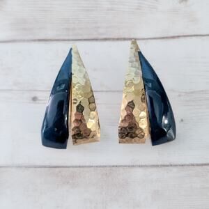 Vintage Stud Earrings Extra Large Statement Gold Tone & Dark Blue